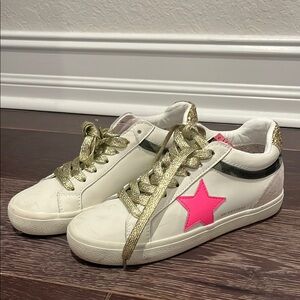 Golden Goose White Sneakers with Pink Star and Gold Accents